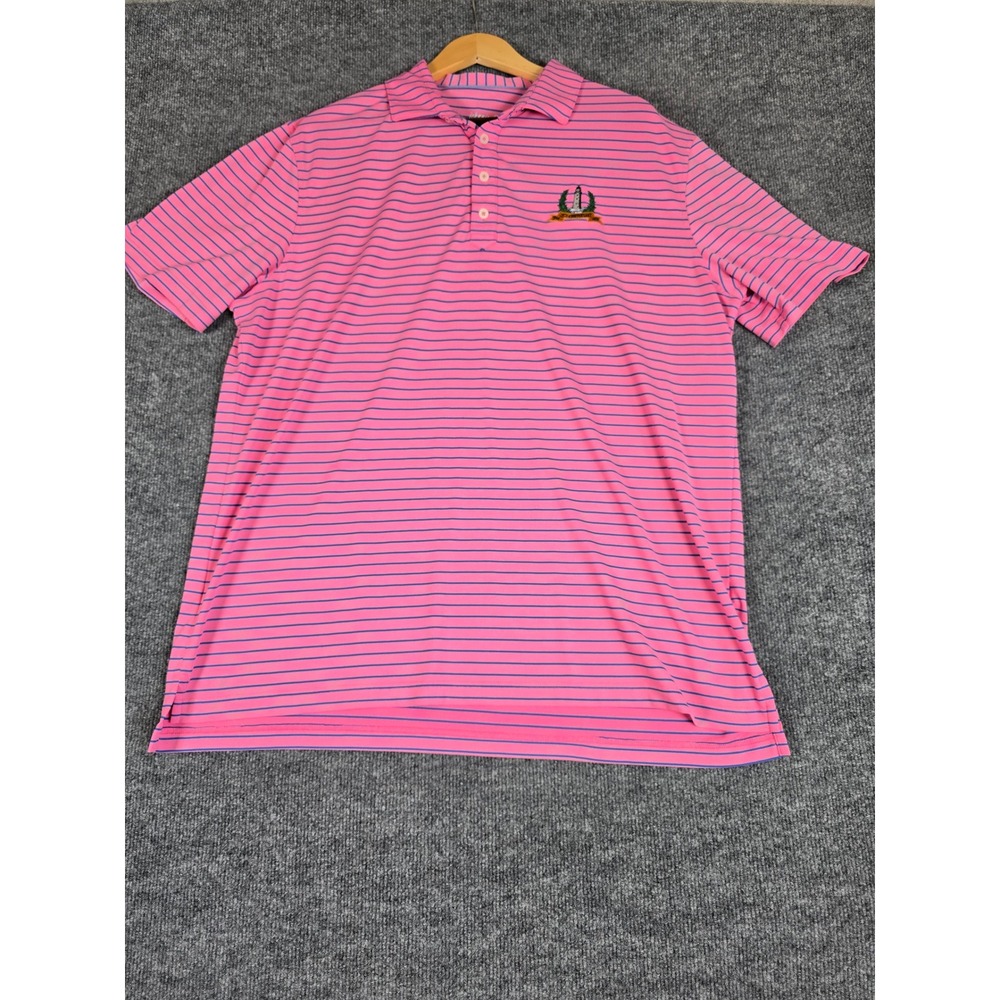 Johnnie O Mens Pink Blue Stripe Golf Polo Shirt 125th Anniversary Logo SNAGS!